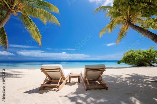 Two luxury sun loungers on a tropical white sand beach  