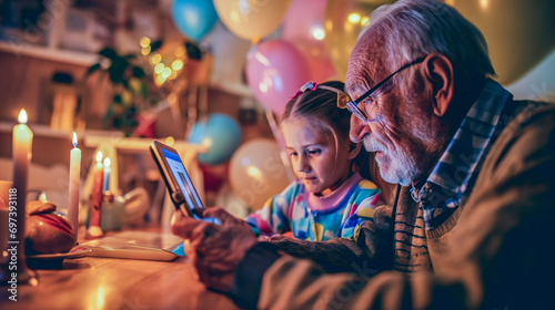 An elderly man video calling his granddaughter on a tablet to wish her a happy birthday. Candles and balloons are visible behind her.