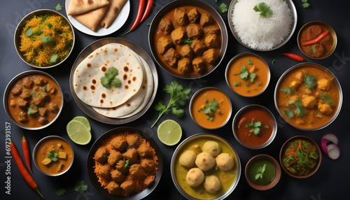 Assorted indian food on black background.