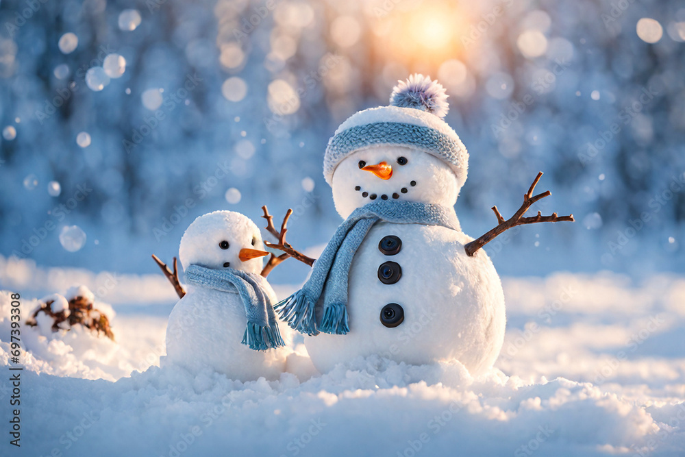Panoramic view of happy snowman in winter scenery with copy space Panoramic view of happy snowman in winter scenery with copy space