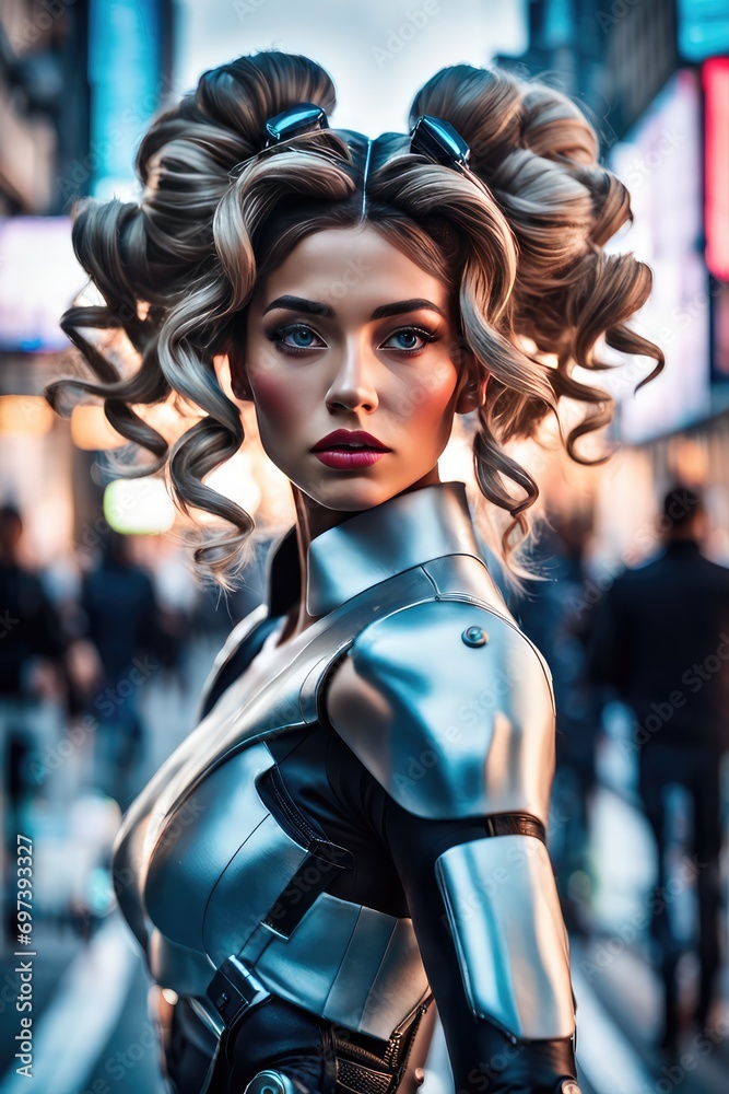 An android girl is walking down a city street. The concept of the world of the future An android girl is walking down a city street. The concept of the world of the future