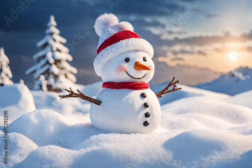 Panoramic view of happy snowman in winter scenery with copy space © qalandararts