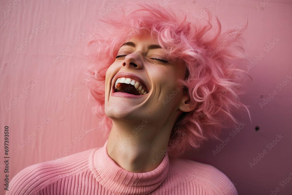 Happy young woman with stylish curly hair, screaming with joy against a pink background.