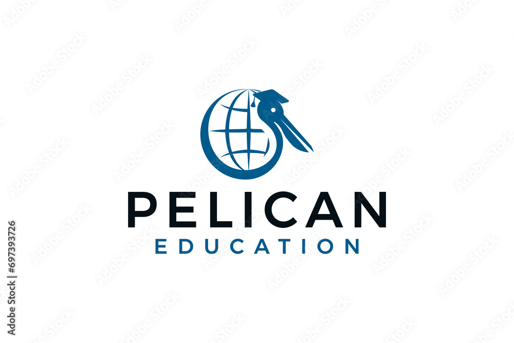 Pelican academy and globe of word logo design