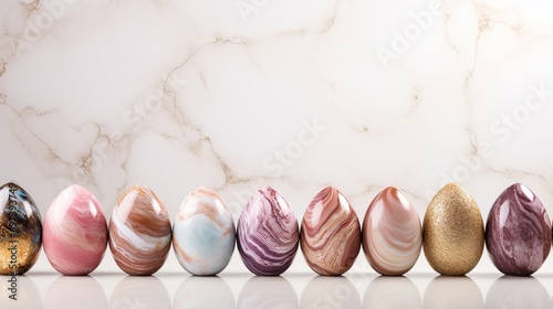 Colorful easter eggs with marble ornaments on white background   copy space for text placement photo