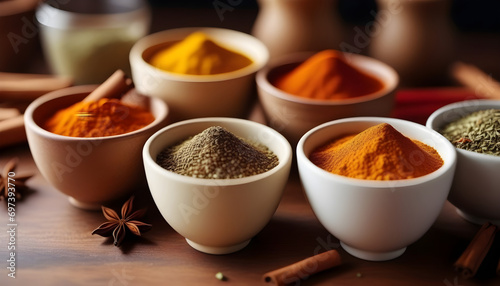 Different seasonings in cups. Spice background on the table.