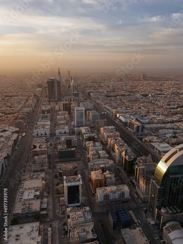 Drone shot flying. Saudi Arabia. Riyadh. Sunrise. 