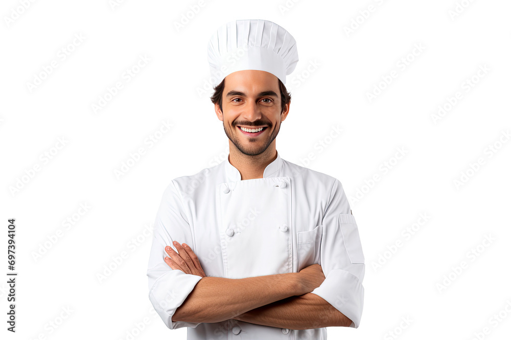 Portrait of male chef with uniform and cap posting with happy smile isolated on transparent background. Portrait of male chef with uniform and cap posting with happy smile isolated on transparent background.