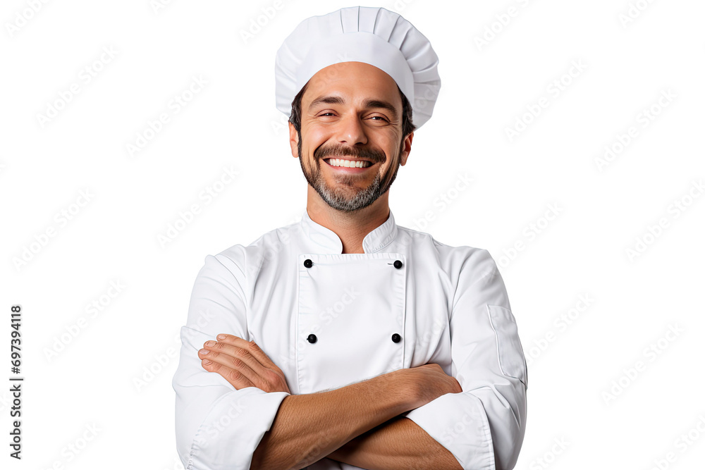 Portrait of male chef with uniform and cap posting with happy smile isolated on transparent background. Portrait of male chef with uniform and cap posting with happy smile isolated on transparent background.