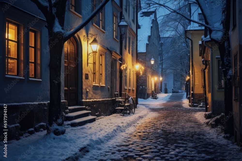 A picturesque snowy street at night with a bench and street lights. Perfect for winter-themed designs and holiday promotions