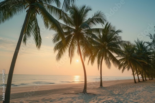 Tropical Beach Sunset with Palm Trees © Skyfe