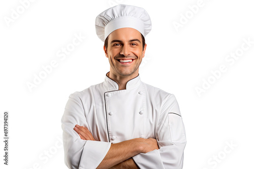 Portrait of male chef with uniform and cap posting with happy smile isolated on transparent background.
