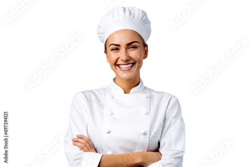Portrait of young chef woman with uniform and cap posting with happy smile isolated on transparent background. photo