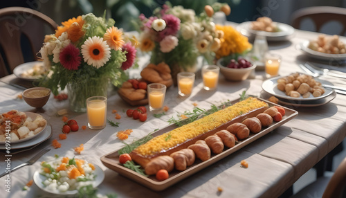 Long table with food and flowers