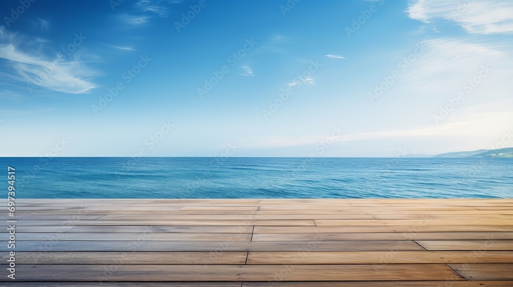 A wooden board table that is empty is situated in front of a blue sea and sky background. the perspective wooden floor over the sea and sky can be utilized to showcase or montage your A wooden board table that is empty is situated in front of a blue sea and sky background. the perspective wooden floor over the sea and sky can be utilized to showcase or montage your