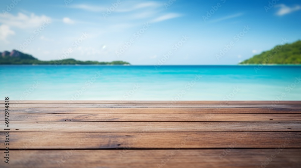 A wooden board table that is empty is situated in front of a blue sea and sky background. the perspective wooden floor over the sea and sky can be utilized to showcase or montage your