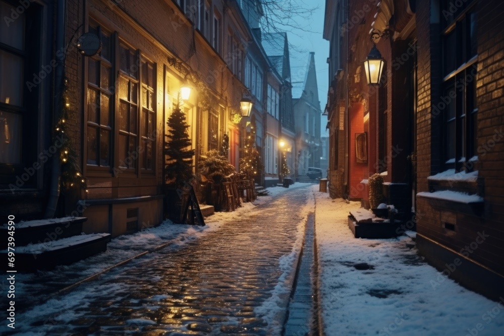 A picturesque view of a narrow street covered in snow. Perfect for winter-themed designs and holiday greetings