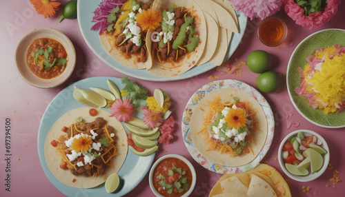 Wallpaper Mural Overhead view of Mexican food decorated with flowers on table  Torontodigital.ca