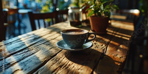 A cup of coffee sitting on top of a wooden table. Suitable for coffee shop promotions and food-related designs © Fotograf