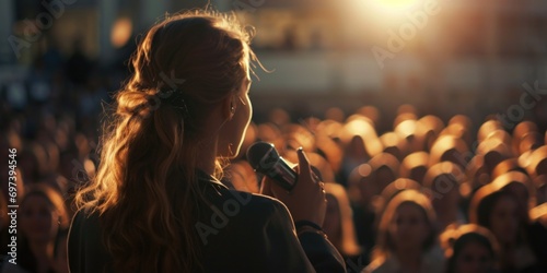 A woman confidently holds a microphone in front of a large crowd. Perfect for events, public speaking, or presentations