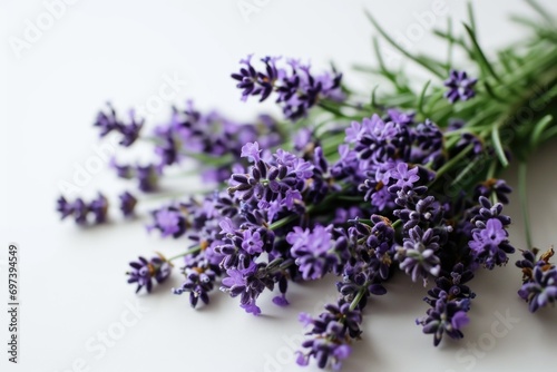 Lavender flowers arranged in a bunch on a clean white surface. Suitable for aromatherapy  spa  or natural skincare concepts