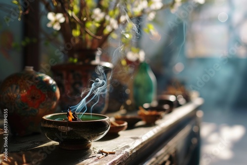 A close up view of a bowl of incense on a table. This image can be used to create a calm and peaceful atmosphere in various settings