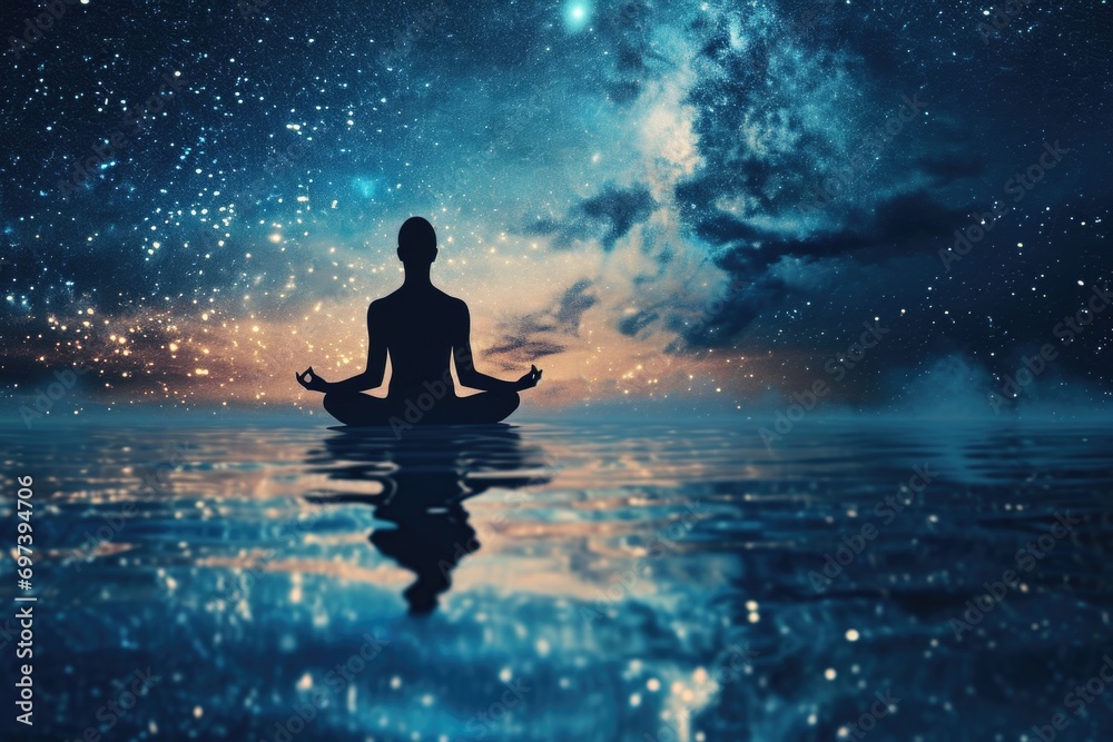 A person sitting in a lotus position in the water. Can be used for meditation and relaxation purposes A person sitting in a lotus position in the water. Can be used for meditation and relaxation purposes