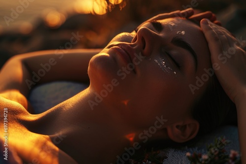 A woman laying on a towel, enjoying a moment of relaxation with her eyes closed. Perfect for depicting relaxation, tranquility, and self-care scenes