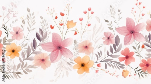 delicate and elegant floral pattern with delicate flowers and foliage. Various types of flowers in pink and orange are scattered. Green leaves .Light background photo