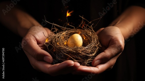 human hands gently cradling a bird's nest with a golden egg inside. A nest made of dry branches and grass sits securely in the hands, symbolizing safety and protection.