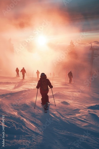 A group of people skiing down a snow covered slope. Suitable for winter sports and adventure themed designs