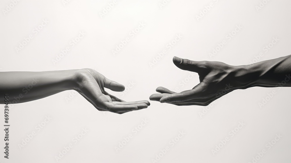 This is a black and white illustration of two hands reaching towards ...