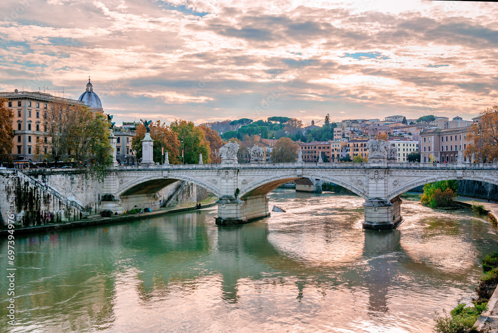 Ponte Vittorio Emanuele II, a three arches bridge across river Tiber, in the historic center of Rome, Italy.