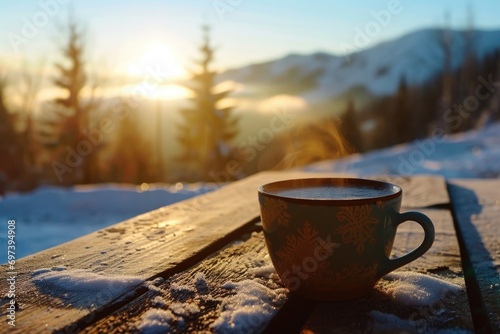 A cup of coffee placed on a wooden table. Suitable for use in coffee shop advertisements or articles about morning rituals