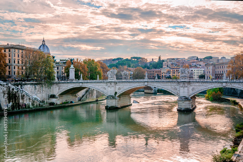 Ponte Vittorio Emanuele II, a three arches bridge across river Tiber, in the historic center of Rome, Italy.