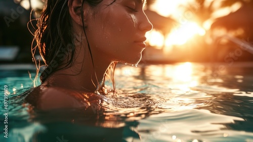 A woman enjoying a peaceful swim in a swimming pool as the sun sets. Perfect for lifestyle or travel-related projects