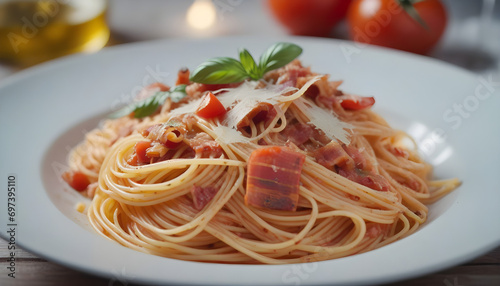 Spaghetti all'Amatriciana with pancetta, tomatoes and pecorino cheese