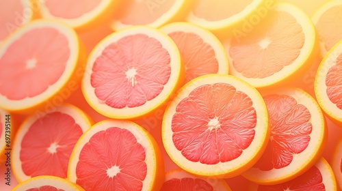 Vibrant close-up view of freshly cut grapefruit slices, showcasing the juicy interior and natural beauty