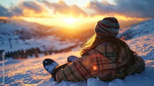 A person sitting in the snow with a snowboard. Suitable for winter sports and outdoor activities