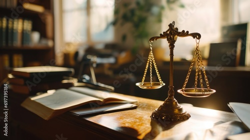 A wooden desk with a scale of justice on top. Suitable for legal and justice-related concepts