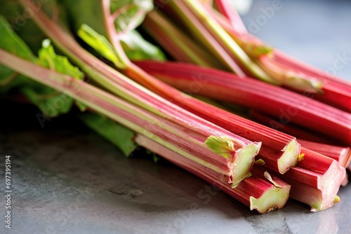 A detailed close-up of a bunch of rhubarb placed on a table. This image can be used to showcase fresh produce or in culinary-themed designs photo