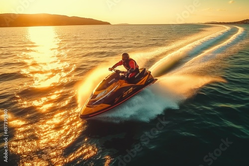 A man riding a jet ski on top of a body of water. Suitable for recreational water sports or summer vacation themes © Fotograf