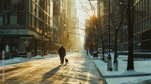 A person is seen walking their dog down a snowy street. This image can be used to depict winter walks or pet ownership in cold weather