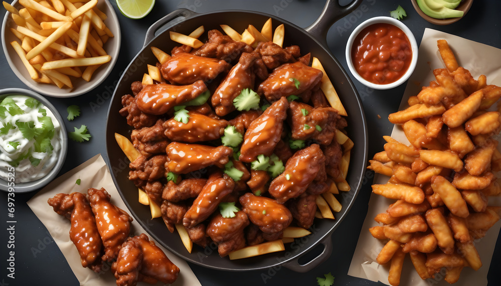 top down photo of carne asada fries and buffalo chicklen wings