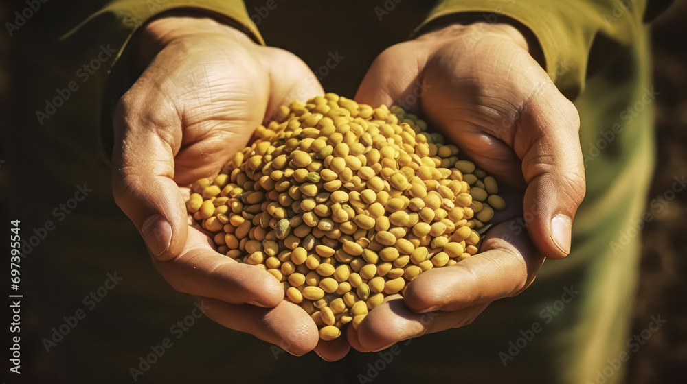 A farmer proudly holds a handful of soybeans