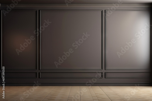 3d render of staged modern living room dark tope wall with empty area for product placement and copy space photo