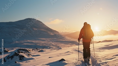 A person on skis gliding down a snowy hill. Perfect for winter sports and outdoor activities