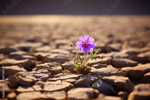 Flower Verbena grows on cracked ground in the desert  photo
