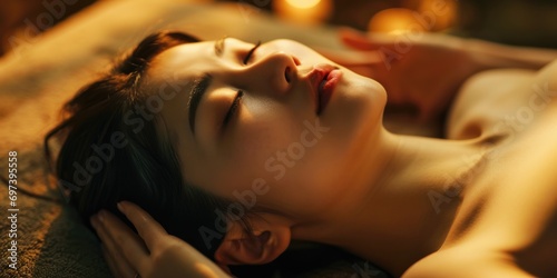 A woman laying on a bed with her eyes closed. Suitable for relaxation and sleep-related concepts
