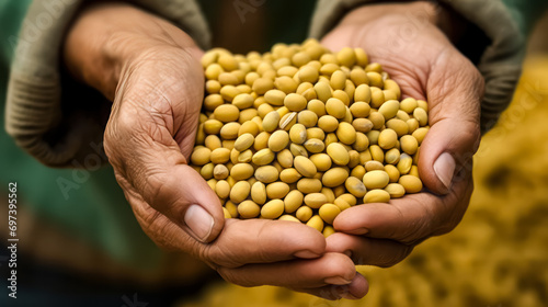 A farmer proudly holds a handful of soybeans